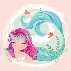 little cute mermaid with fishes and seashells. book illustration, fashion artworks, t shirt graphics