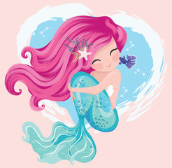 little cute mermaid with fishes and seashells. book illustration, fashion artworks, t shirt graphics
