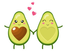 Funny Happy Cute Happy Smiling Couple Of Avocado In Love. Cute Cartoon Avocado Couple Holding Hands. Valentine's Day Greeting Card. Vector Illustration For Any Design.