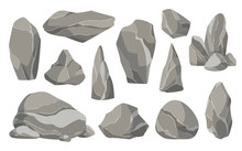 Rocks And Stones Single Or Piled For Damage And Rubble. Large And Small Stones. Set Of Flat Design Icons. Vector Illustration For Game Art Architecture Design