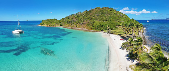 caribbean grenadines mayreau tropical island beach, panoramic aerial view of salt whistle bay