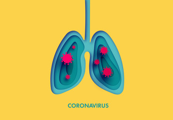 coronavirus. Paper cut style coronavirus infected human lungs. Pandemic medical concept. Vector illustration