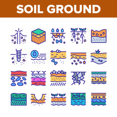 Wall Mural - Soil Ground Research Collection Icons Set Vector. Soil Ground With Old Bone And Geyser, Drilling And Watering, Fertile And Desert Concept Linear Pictograms. Color Illustrations