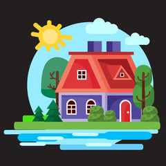 small blue house with a red and red door roof against a blue sky with the sun, around bushes grass, trees and a river, black background, for games, vector illustration, eps