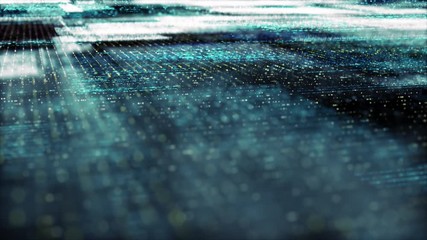 Fototapete - Futuristic digital generated motion abstract matrix particles de-focus grid in cyber space digital background environment