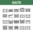 Gate Entrance Tool Collection Icons Set Vector. Garage And Parking Barrier Security Equipment, Metallic Material Residence Gate Concept Linear Pictograms. Monochrome Contour Illustrations