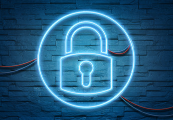 Wall Mural - web security neon icon illuminating a brick wall with blue and pink glowing light 3d rendering