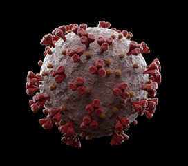 Poster - 3D rendering of the coronavirus on a microscopic level isolated on black background. Microscope close-up of the covid-19 disease. 2019-nCoV virus