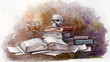 Drawing of old things. Old books and scrolls. Multi- colored drawing on paper. Open book. Vintage style.