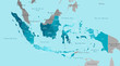 © Olli - Vector modern illustration. Simplified geographical  map of Indonesia and neighboring countries (Malaysia, Brunei and etc). Blue background of Indians ocean and seas. Names of Indonesian provinces