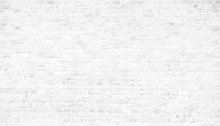 Simple Grungy White Brick Wall With Light Gray Shades Seamless Pattern Surface Texture Background In Wide Panorama Banner Format. White Brick Wall Vector Illustration.