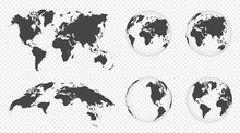 Set Of Transparent Globes Of Earth. World Map Template With Continents. Realistic World Map In Globe Shape With Transparent Texture And Shadow. Abstract 3d Globe Icon