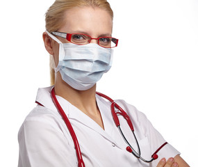 Woman doctor wearing medical anti virus mask. isolated studio portrait.