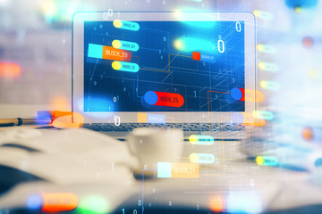 multi exposure of desktop computer and technology theme hologram. concept of software development.
