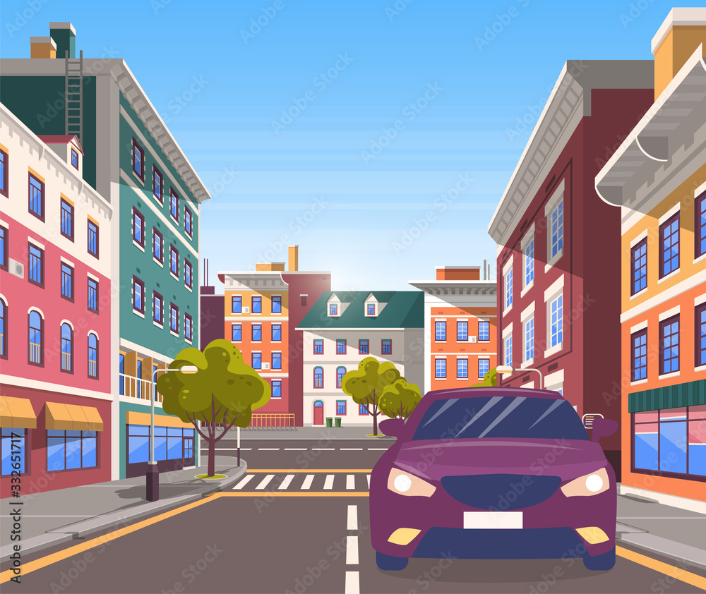 City street with car on it. Modern cityscape with road and pedestrian ...