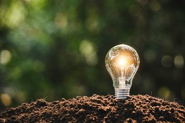 Light bulb concept put on the soil in soft green nature background.