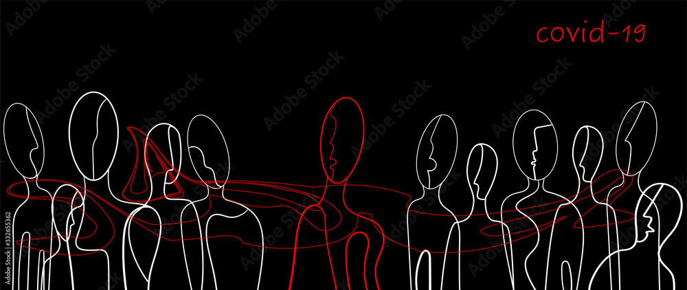 covid-19 spread concept, crowd of white colored people and one person red who spread the infection, spread virus, - obrazy, fototapety, plakaty 
