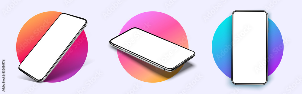 Realistic smartphone mockup. Device UI/UX mockup for presentation template. . Cellphone frame with blank display isolated templates, phone different angles views. 3d isometric illustration cell phone - obrazy, fototapety, plakaty 