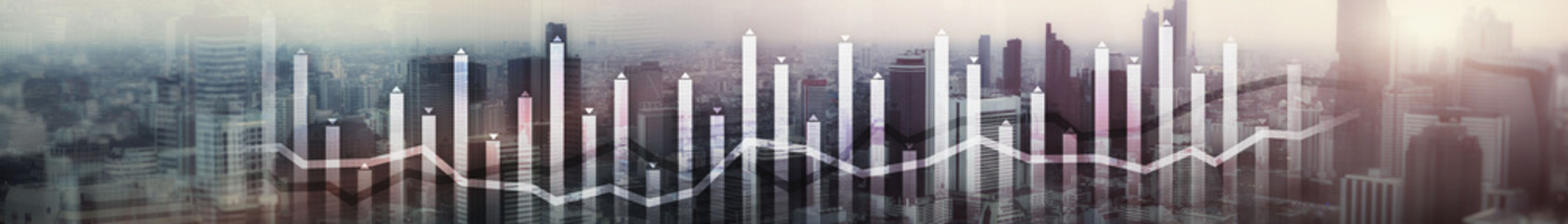Wall Mural - Finance Chart Overlaid on modern City. Panoramic Banner Concept.