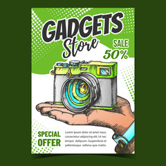 Sticker - Gadgets Store Creative Advertising Banner Vector. Hand Holding Ancient Photo Camera, Gadgets Special Offer. Photograph Technology Accessory Concept Layout Designed In Vintage Style Illustration