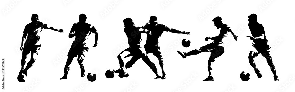 Soccer players, group of footballers. Set of isolated vector silhouettes. Ink drawing. Team sport - obrazy, fototapety, plakaty 