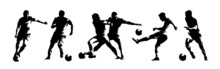 Soccer Players, Group Of Footballers. Set Of Isolated Vector Silhouettes. Ink Drawing. Team Sport
