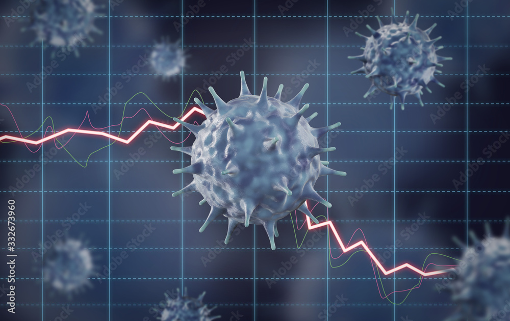 Concept image of financial impact by viruses such as pneumonia, influenza, SARS, coronavirus, and COVID-19.3D rendering image. - obrazy, fototapety, plakaty 