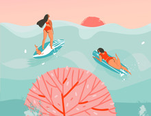 Hand Drawn Vector Stock Abstract Graphic Illustration With A Swimming Surfer Girls In Ocean Waves Landscape And Sundown View Isolated On Blue Background