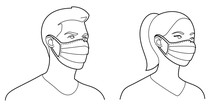 Man And Woman Wearing Medical Face Mask To Protect Themselves From Catching A Virus, Vector Illustration In Outlines, Black And White Colours.