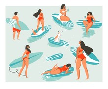 Hand Drawn Vector Abstract Collection Of Cute Funny People In Swimwear Surfing In Sea Or Ocean. Bundle Of Happy Surfers In Beachwear With Surfboards Isolated On White Background