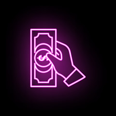 Poster - The hand holds a bill of money neon icon. Simple thin line, outline vector of casino icons for ui and ux, website or mobile application