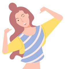 Wall Mural - Female character with positive face expression vector, isolated woman wearing crop top and jacket, gesturing and smiling. Winking girl with fancy hair