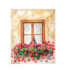 Old vintage window with red flowers