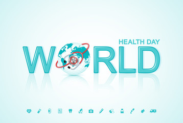 World health day concept world map, heartbeat, stethoscope and flat icons for healthcare and medical vector illustration