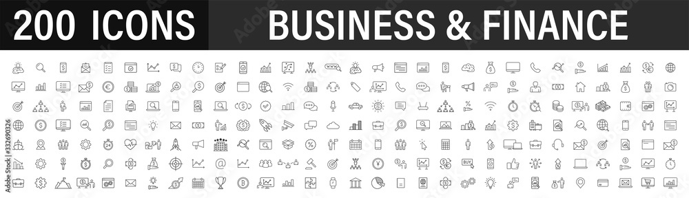 Set of 200 Business icons. Business and Finance web icons in line style. Money, bank, contact, infographic. Icon collection. Vector illustration. - obrazy, fototapety, plakaty 
