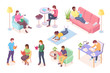 © Sensvector - Set of cartoon adult people read books while lying at sofa or sitting. Man working at table and woman reading magazine. Male and female study or leisure illustration design. Literature and reading