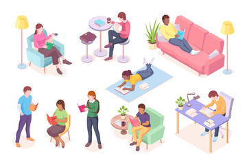 Aufkleber - Set of cartoon adult people read books while lying at sofa or sitting. Man working at table and woman reading magazine. Male and female study or leisure illustration design. Literature and reading