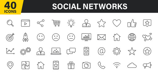 Wall Mural - set of 40 social networks web icons in line style. marketing, feedback, management, target, like, co