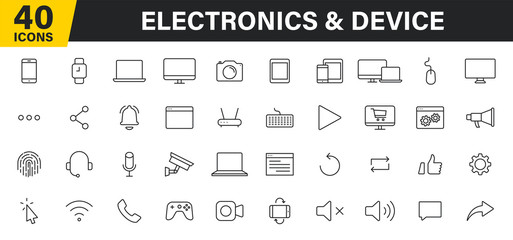 Fototapete - Set of 40 Technology and Electronics and Devices web icons in line style. Device, phone, laptop, communication, smartphone, ecommerce. Vector illustration.