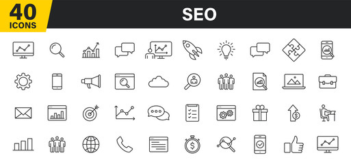 Poster - Set of 40 SEO and Development web icons in line style. Contact, Target, Website. Vector illustration.