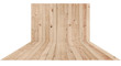 © Krisda - Empty wooden mock up display from pine wood as perspective floor and flat wall background with isolated on white and clipping path.