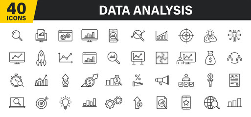 Poster - Set of 40 Data Analysis web icons in line style. Graphs, Analysis, Big Data, growth, chart, research. Vector illustration.