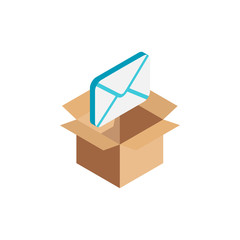 Isometric email icon, 3d envelope symbol in open cardboard box isolated. Mail delivery concept. Vector Illustration design, infographic, web, app, ad