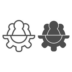 Poster - Cooperation gear line and solid icon. Team and gear, three pawn and cog symbol, outline style pictogram on white background. Teamwork sign for mobile concept and web design. Vector graphics.