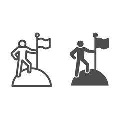 Poster - Man on top of mountain with flag line and solid icon. Discoverer, victory person symbol, outline style pictogram on white background. Teamwork sign for mobile concept and web design. Vector graphics.