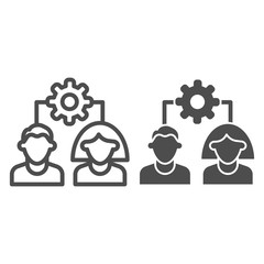 Poster - Team mechanism line and solid icon. Collaboration, gear with man and woman symbol, outline style pictogram on white background. Teamwork sign for mobile concept and web design. Vector graphics.