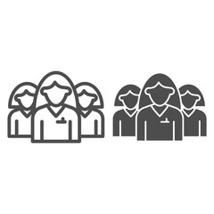 Poster - Female group line and solid icon. Three women in uniform, office workers team symbol, outline style pictogram on white background. Teamwork sign for mobile concept and web design. Vector graphics.