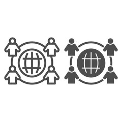 Poster - Employee outsourcing line and solid icon. Business outsource, globe and four persons symbol, outline style pictogram on white background. Teamwork sign for mobile concept, web design. Vector graphics.