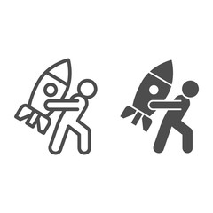 Poster - Man carries rocket line and solid icon. Progressive career, person holding spaceship symbol, outline style pictogram on white background. Teamwork sign for mobile concept, web design. Vector graphics.
