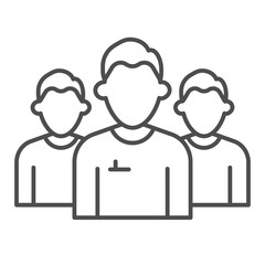 Poster - Mens group thin line icon. Three men in uniform, office workers team symbol, outline style pictogram on white background. Teamwork sign for mobile concept and web design. Vector graphics.